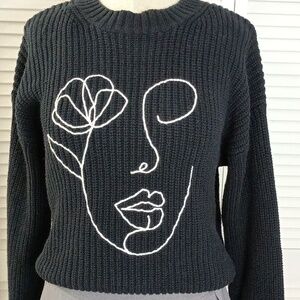 Chunky Cable Knit Crew Neck Black Abstract Sweater